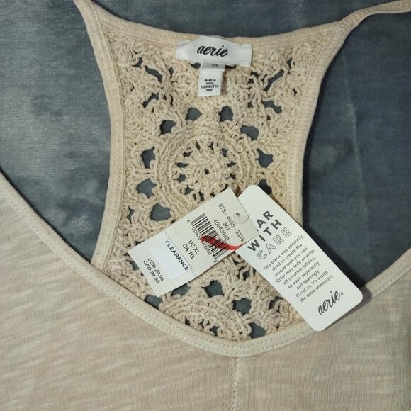 Aerie Crochet Back Beige Tank Top XL Lightweight Boho Summer Layer Earth Tones - Picture 5 of 9